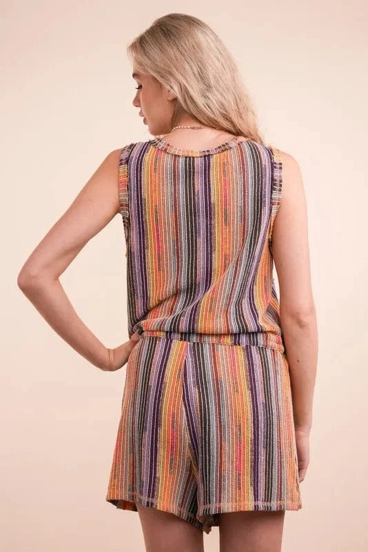 VERY J Crochet Multi Color Striped Casual Summer Romper - Fashorio