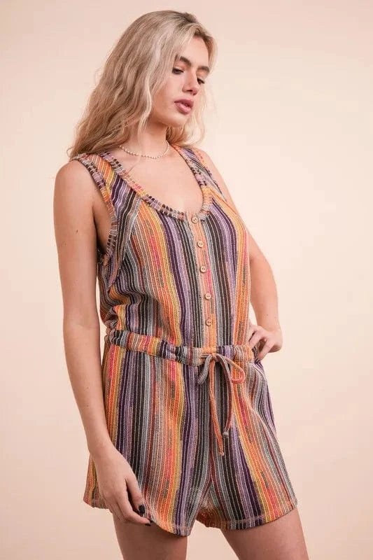 VERY J Crochet Multi Color Striped Casual Summer Romper - Fashorio