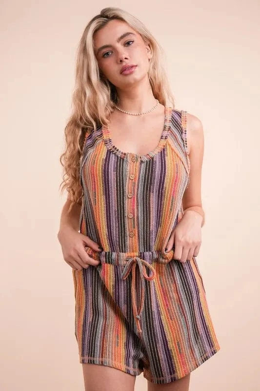 VERY J Crochet Multi Color Striped Casual Summer Romper - Fashorio