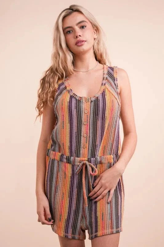 VERY J Crochet Multi Color Striped Casual Summer Romper - Fashorio