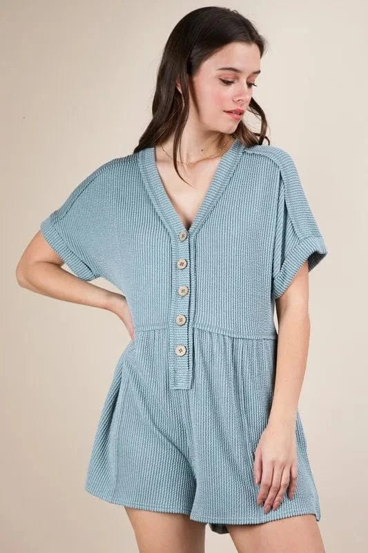 VERY J Two Tone Ribbed Knit Comfy Casual Romper - Fashorio