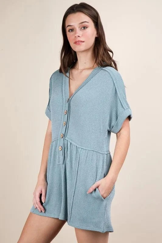 VERY J Two Tone Ribbed Knit Comfy Casual Romper - Fashorio