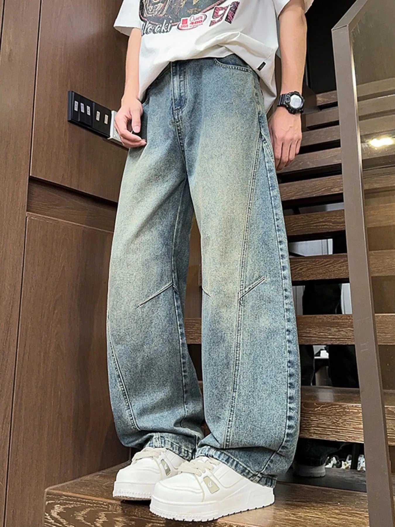 Men's Full Size Washed Wide Leg Jeans Plus Size Vintage Blue - Fashorio