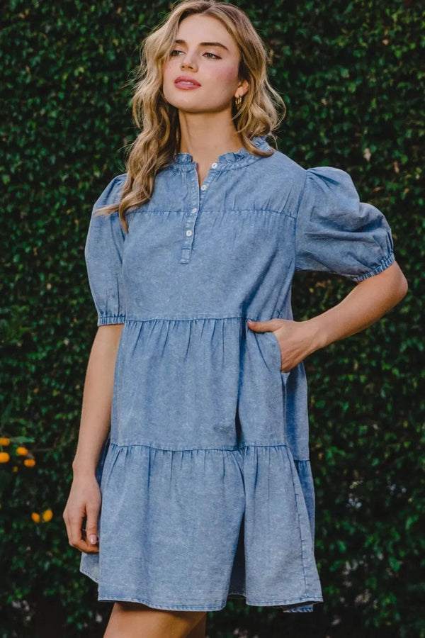 ODDI Washed Tiered Mini Denim Dress Washed Denim - Fashorio