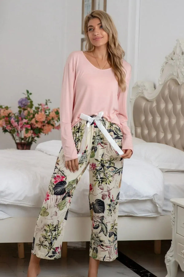 Fashorio Watermelon pink / S Round Neck Top and Printed Pants Lounge Set