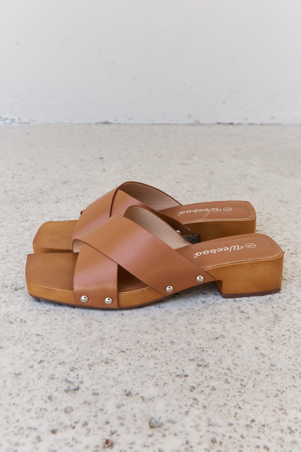 Weeboo Step Into Summer Criss Cross Wooden Clog Mule in Brown - Fashorio