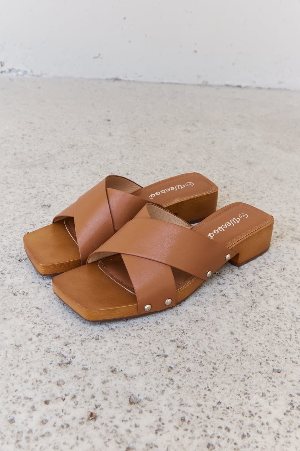Weeboo Step Into Summer Criss Cross Wooden Clog Mule in Brown - Fashorio