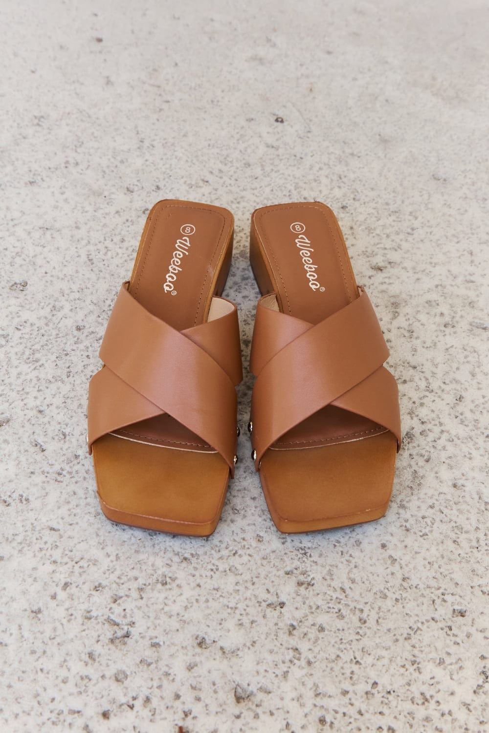 Weeboo Step Into Summer Criss Cross Wooden Clog Mule in Brown - Fashorio