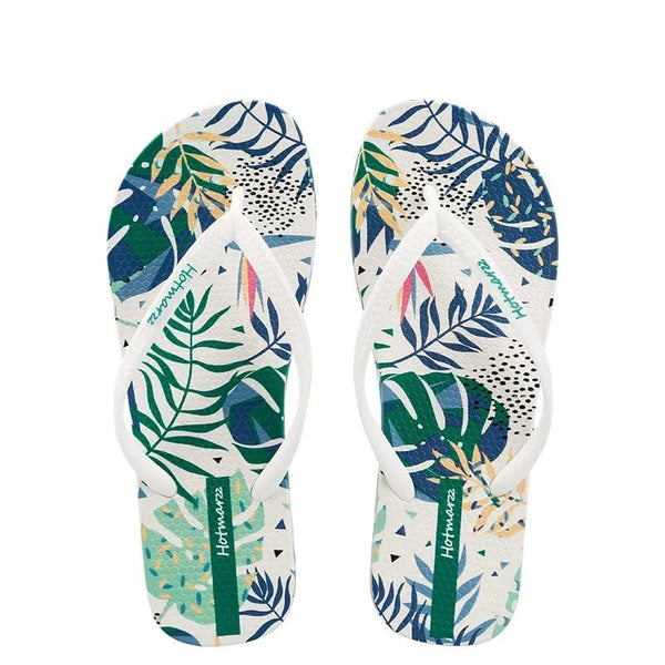 Tropical Leaf Print Summer Slippers White - Fashorio
