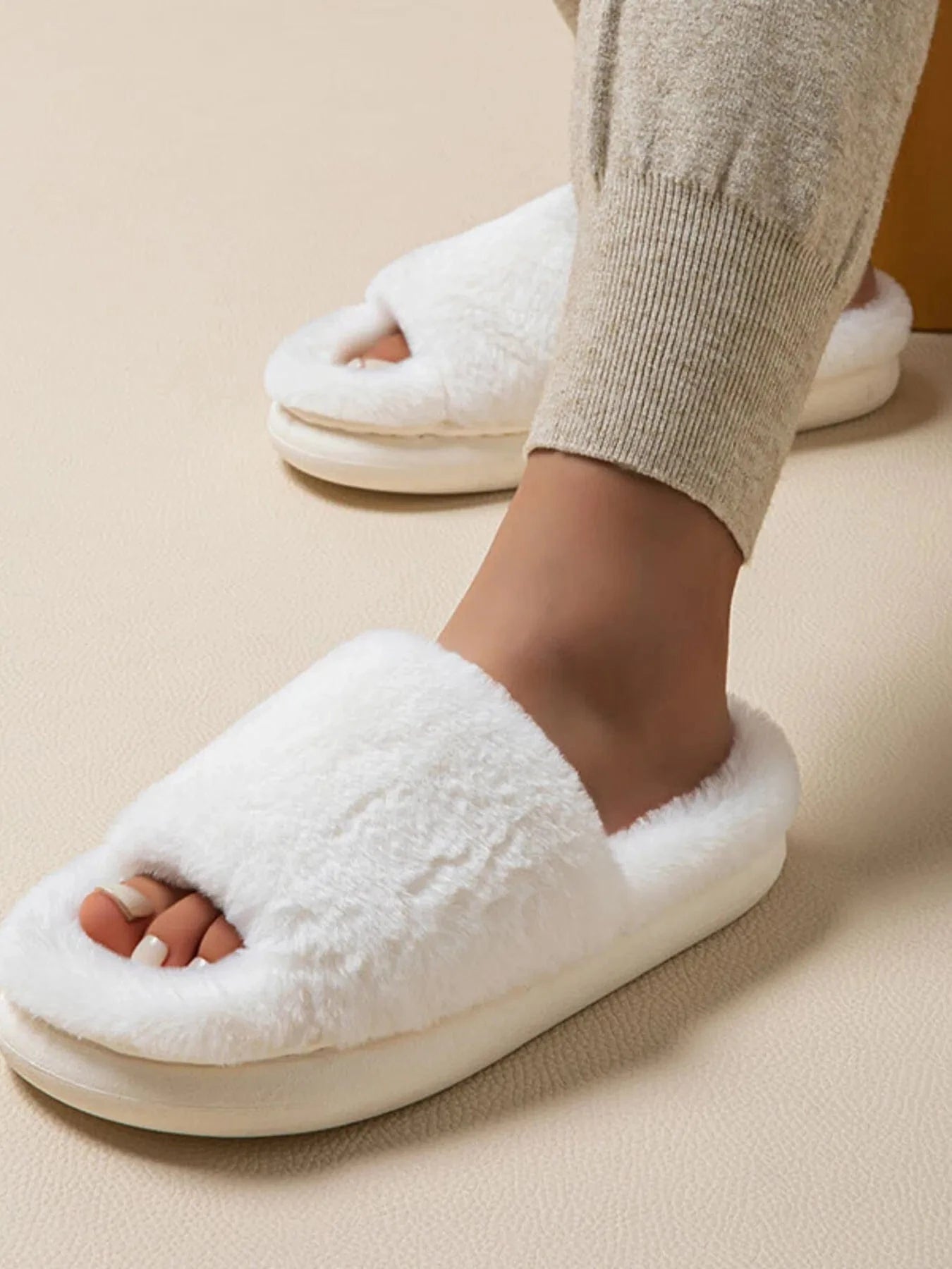 Fluffy Open Toe Comfort Slippers White - Fashorio