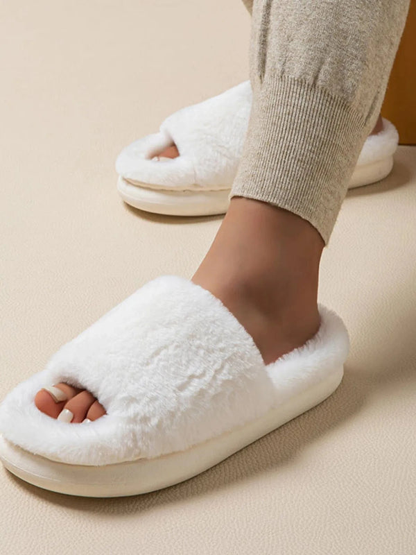 Fluffy Open Toe Comfort Slippers White - Fashorio