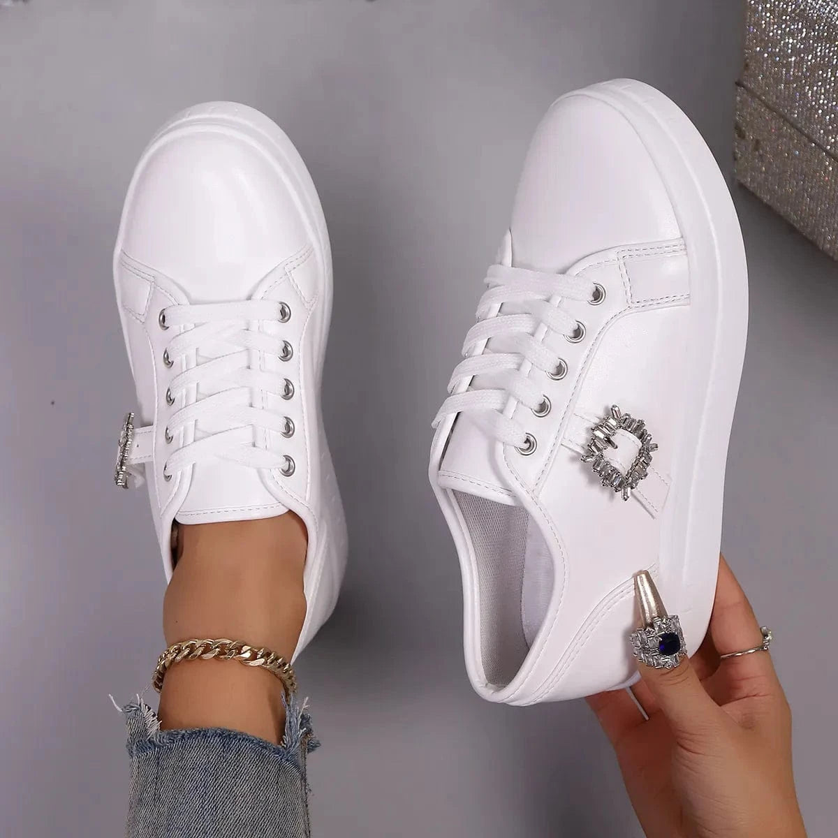 Rhinestone Embellishment Platform Sneakers White - Fashorio