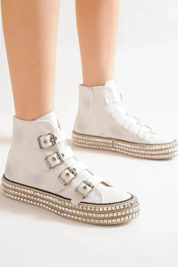 Beast Fashion Multi-Buckle Straps Studded Platform Sneakers White - Fashorio