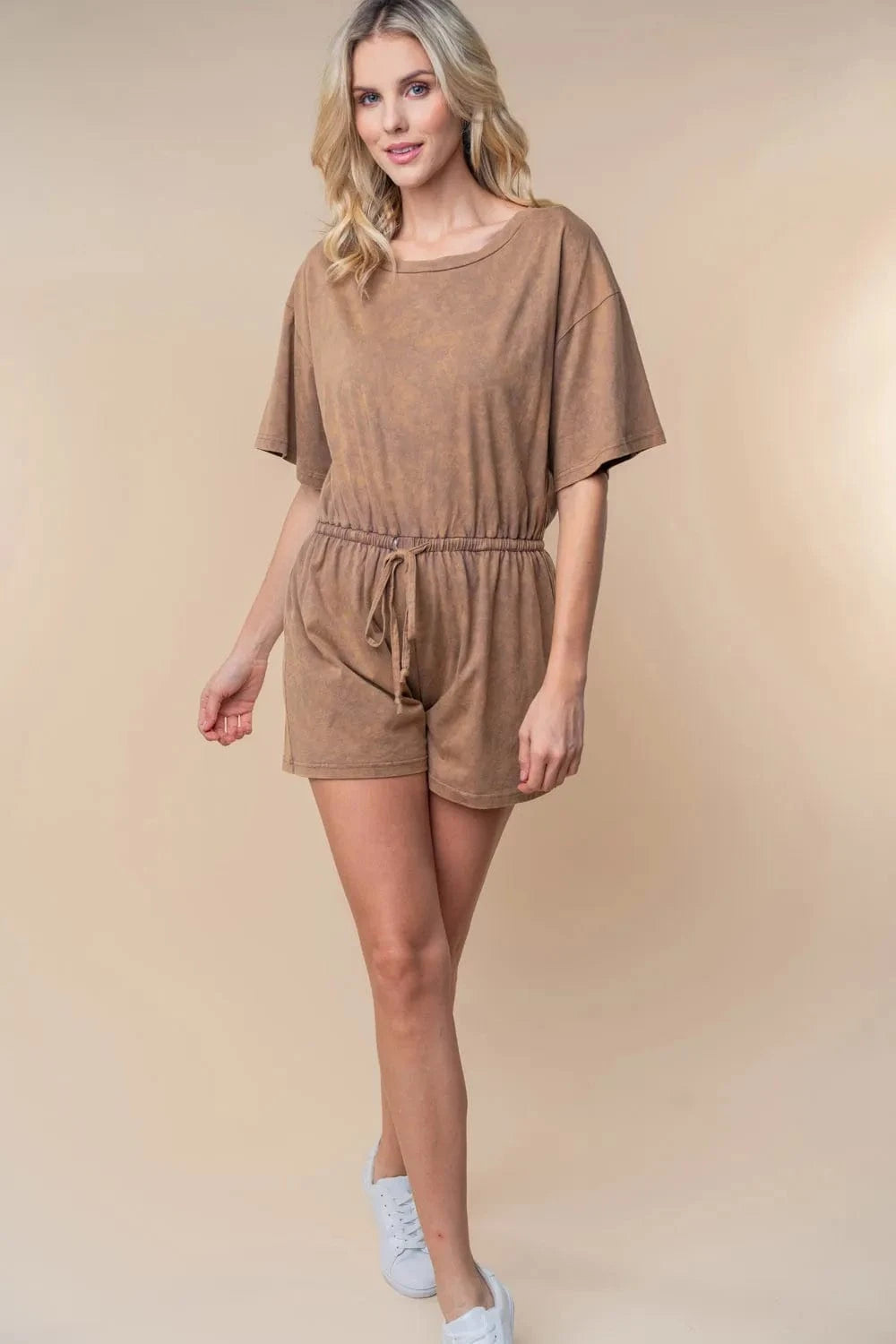 White Birch Full Size Short Sleeve Drawstring Romper - Fashorio
