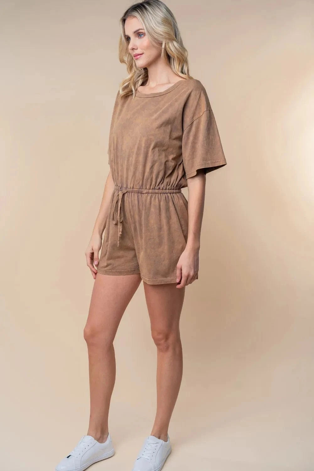 White Birch Full Size Short Sleeve Drawstring Romper - Fashorio