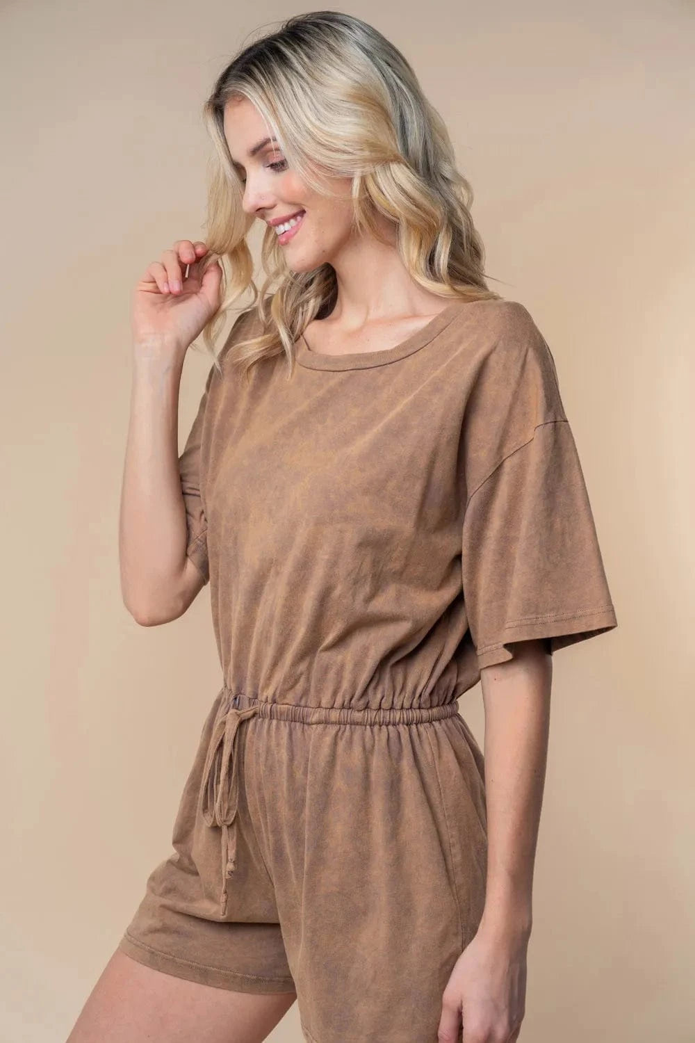 White Birch Full Size Short Sleeve Drawstring Romper - Fashorio