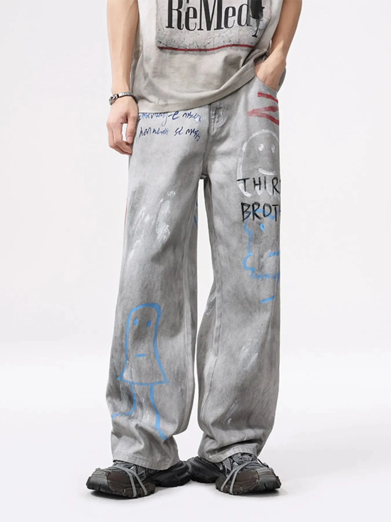 Men's Distressed Graffiti Print Wide Leg Jeans White Graffiti - Fashorio