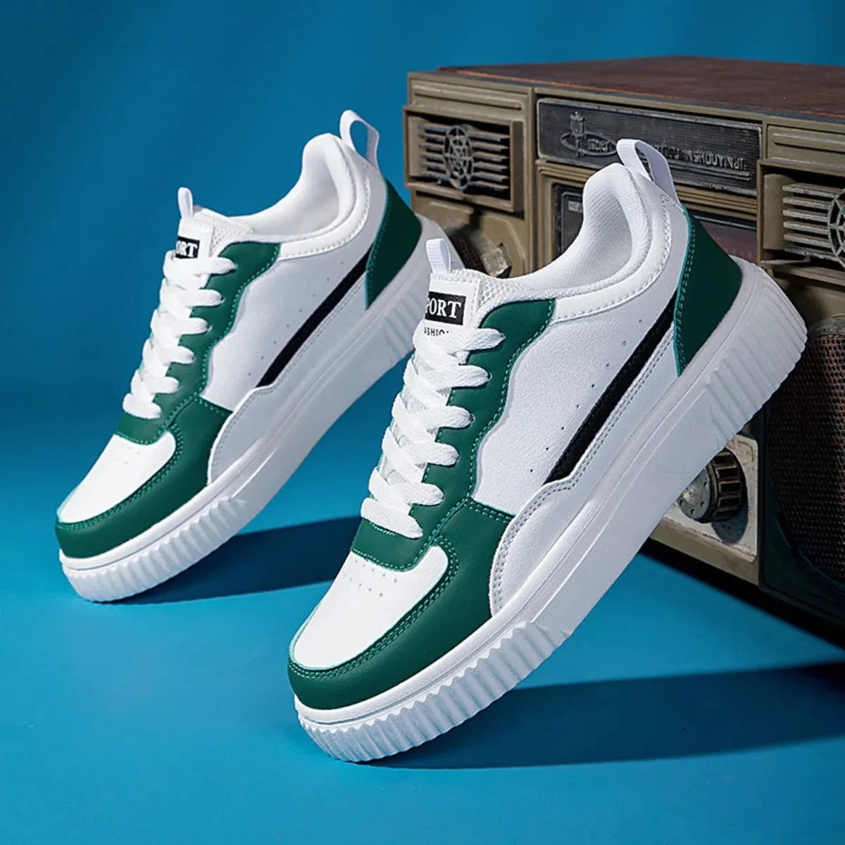 Lace Up Contrast Platform Sneakers White Green - Fashorio
