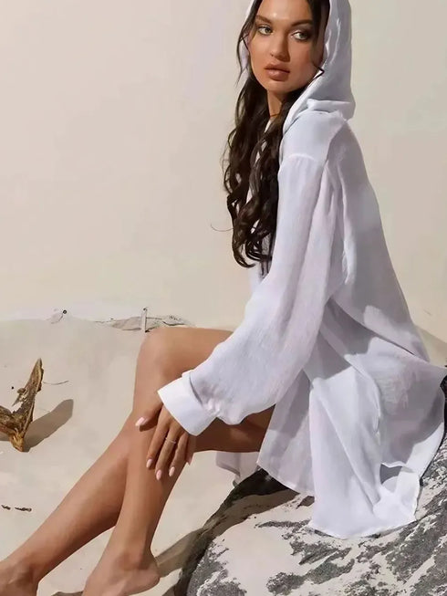 Fashorio White / One Size Button Down Hooded Cover-Up