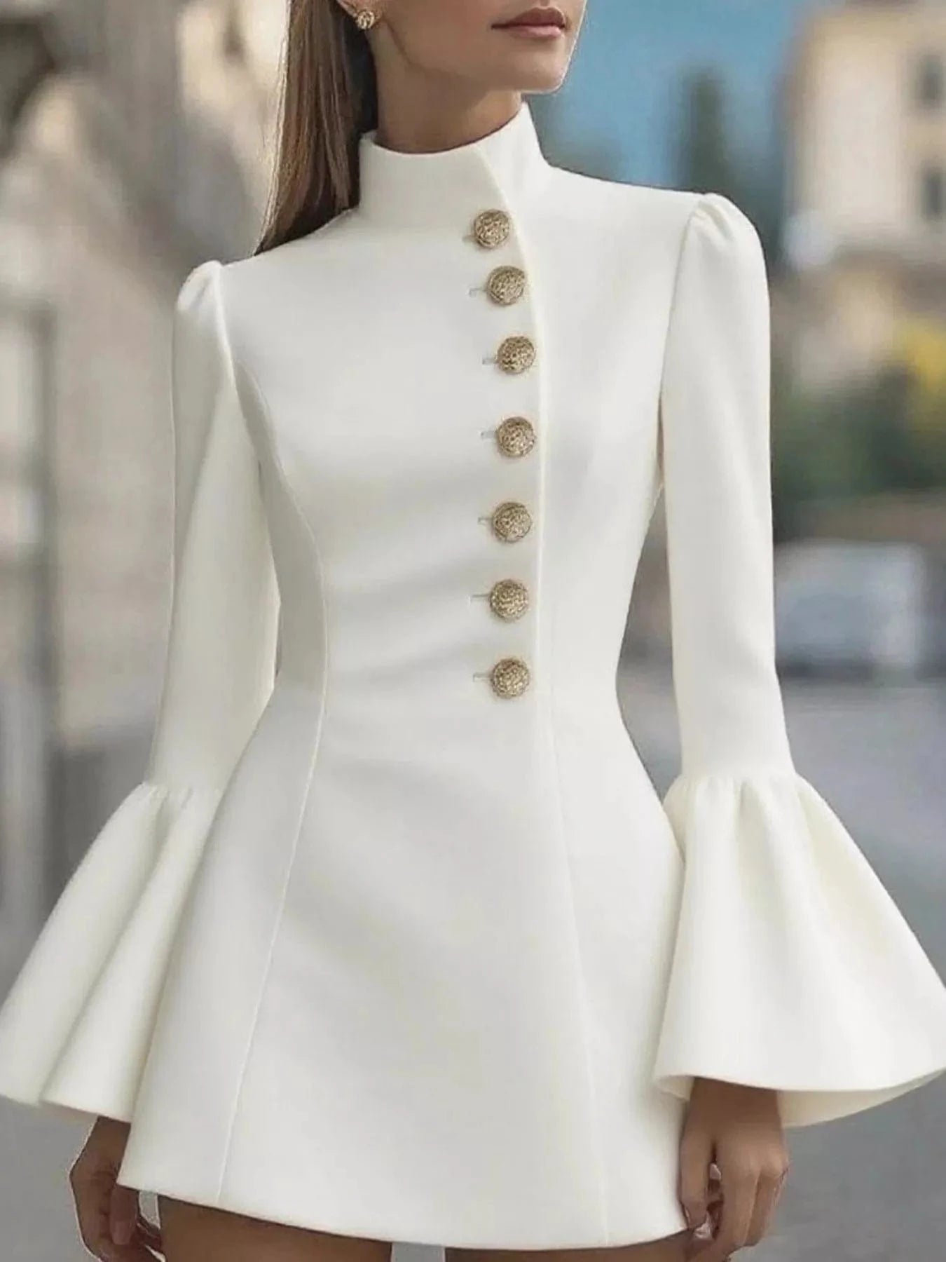 Bell Sleeve Mini Dress with Front Button White - Fashorio