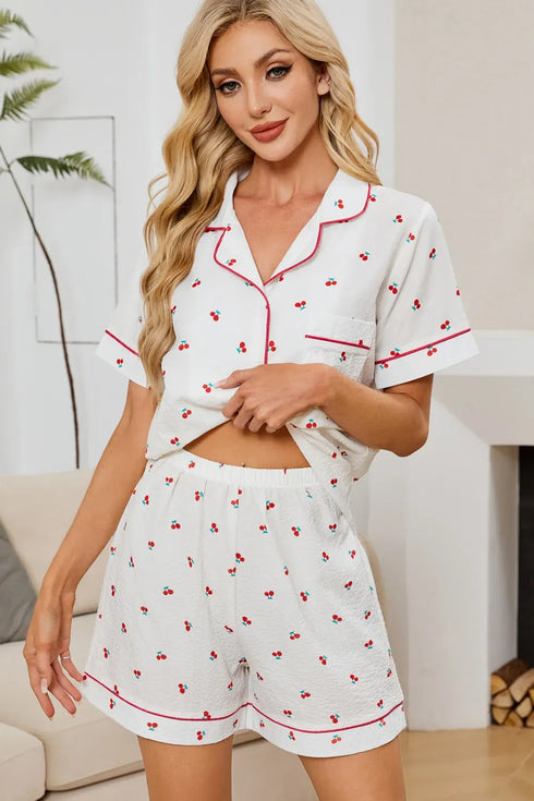 Fashorio White / S Cheery Print Collared Neck Top and Shorts Lounge Set