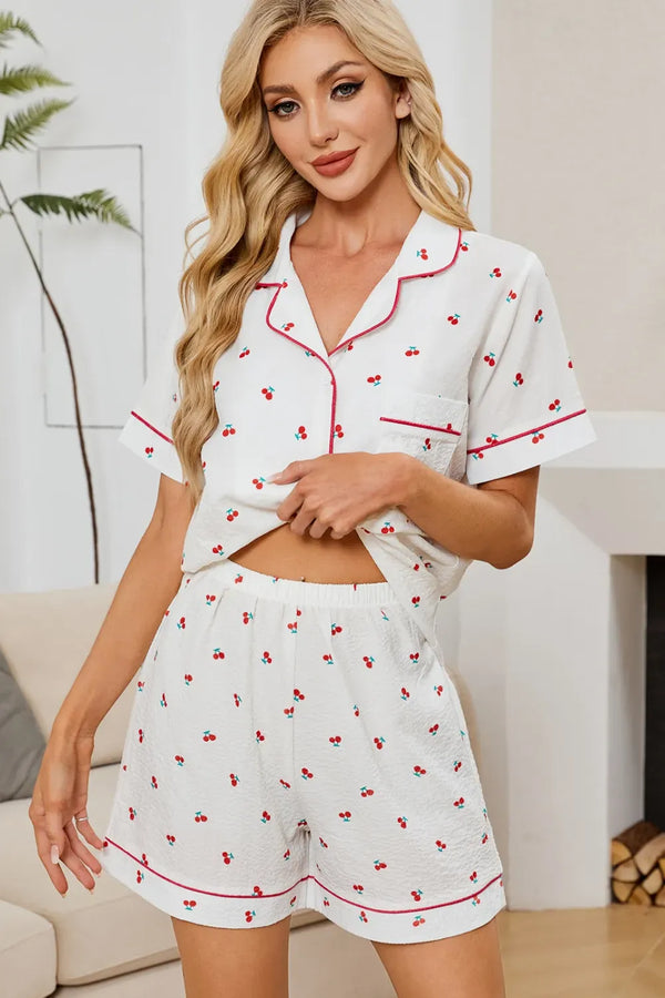 Fashorio White / S Cheery Print Collared Neck Top and Shorts Lounge Set