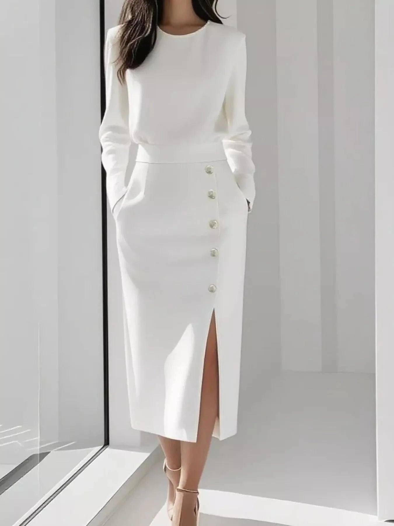 Long Sleeve Button Detail Midi Dress with Side Slit White - Fashorio