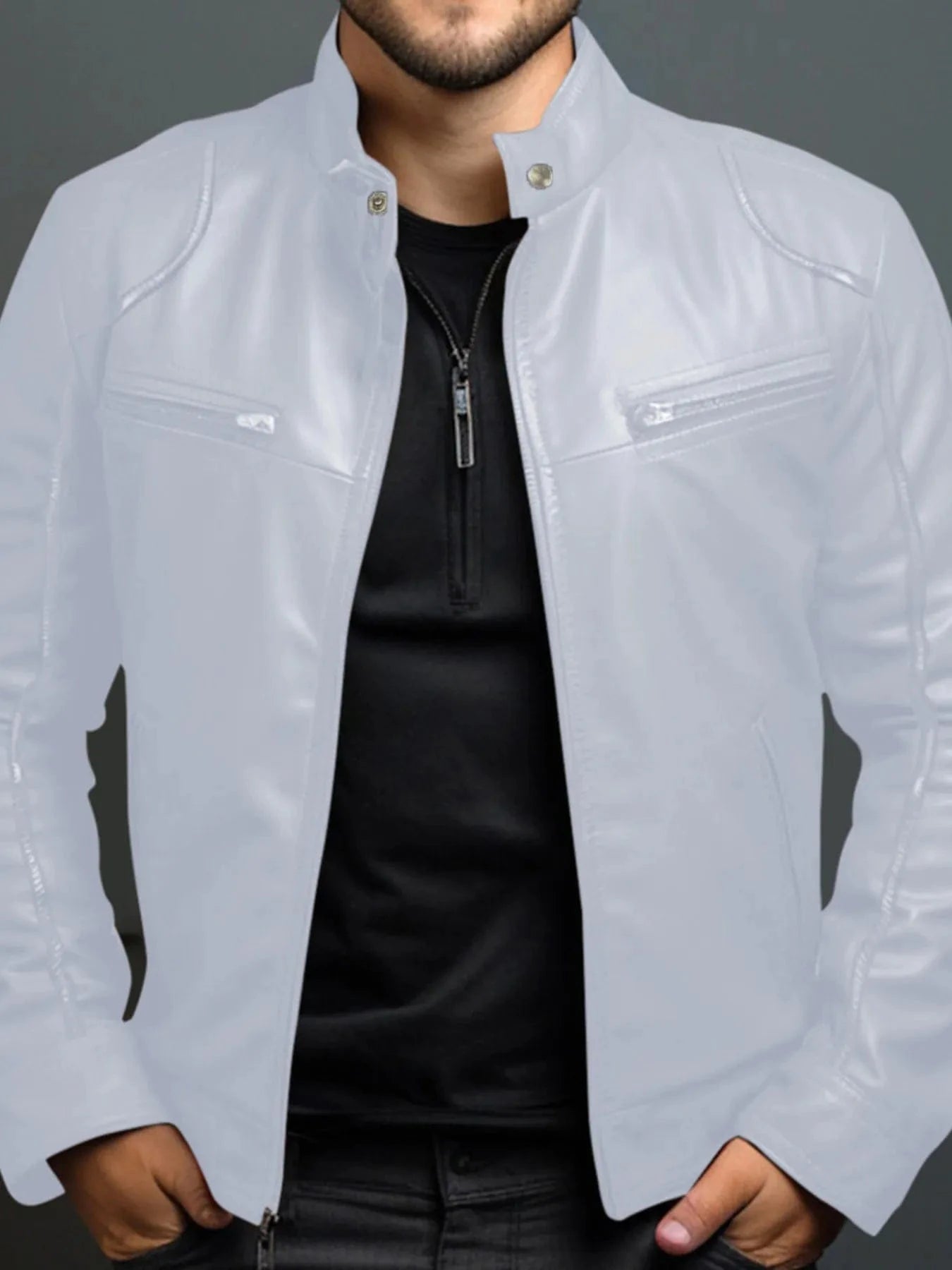 Men's Full Size Leather Motorcycle Jacket with Zipper Front Plus Size White - Fashorio