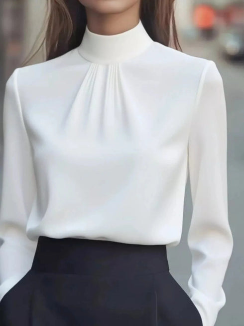 Mock Neck Long Sleeve Blouse with Pleated Detail White - Fashorio