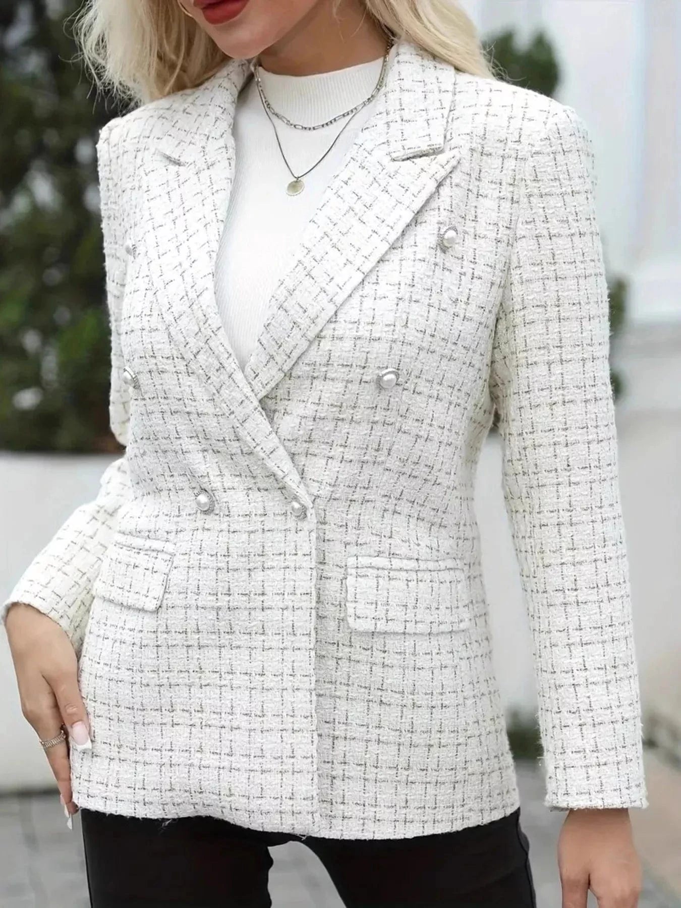 Plaid Double-Breasted Tweed Blazer White - Fashorio