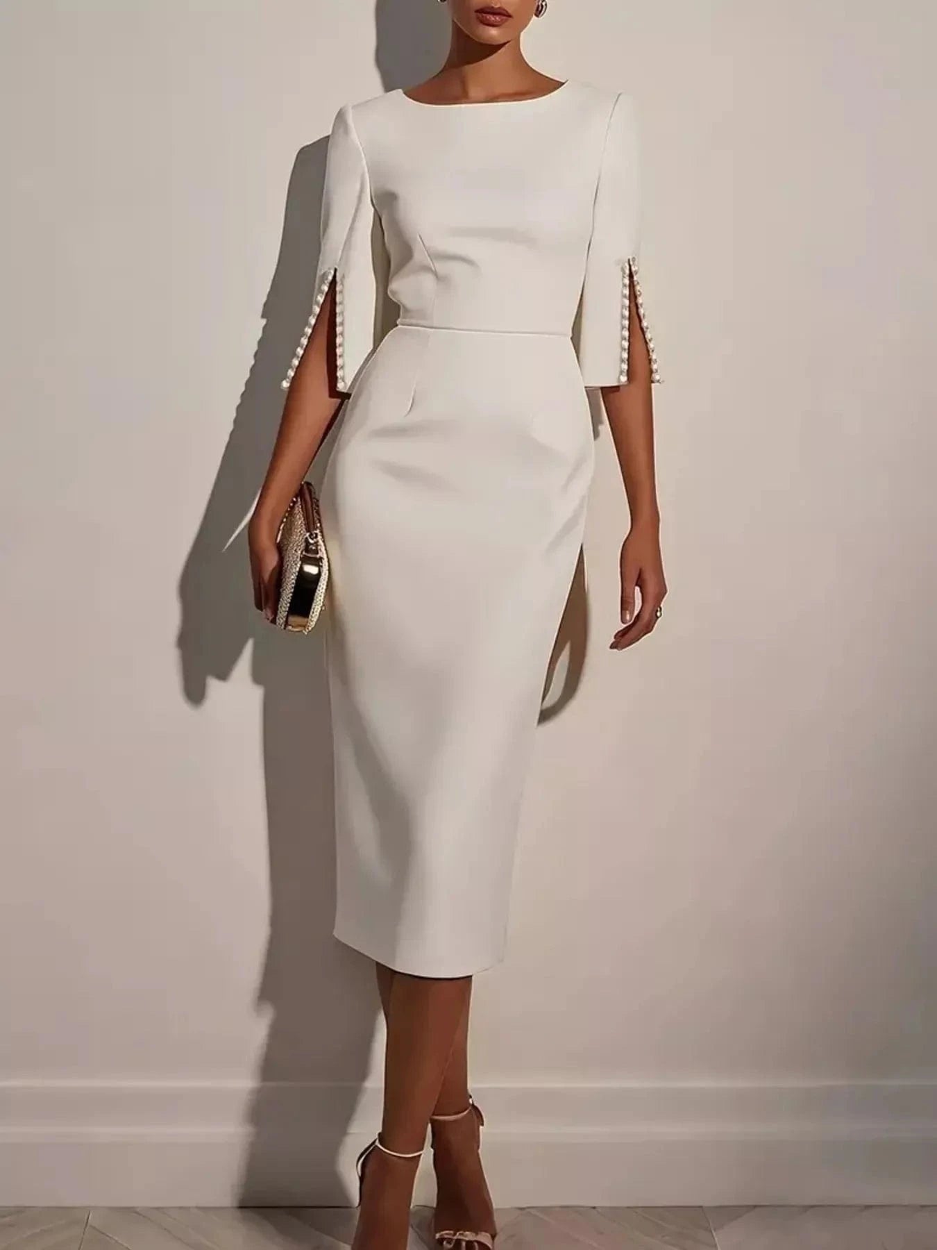 Slim-Fit Elegant Midi Dress with Beaded Slit Sleeve White - Fashorio