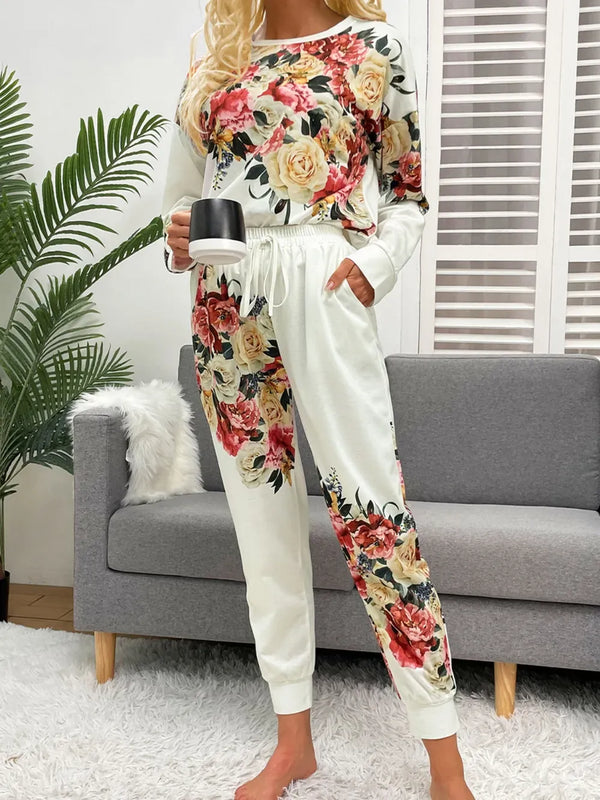 Fashorio White / XS Shiny Printed Round Neck Top and Pants Lounge Set