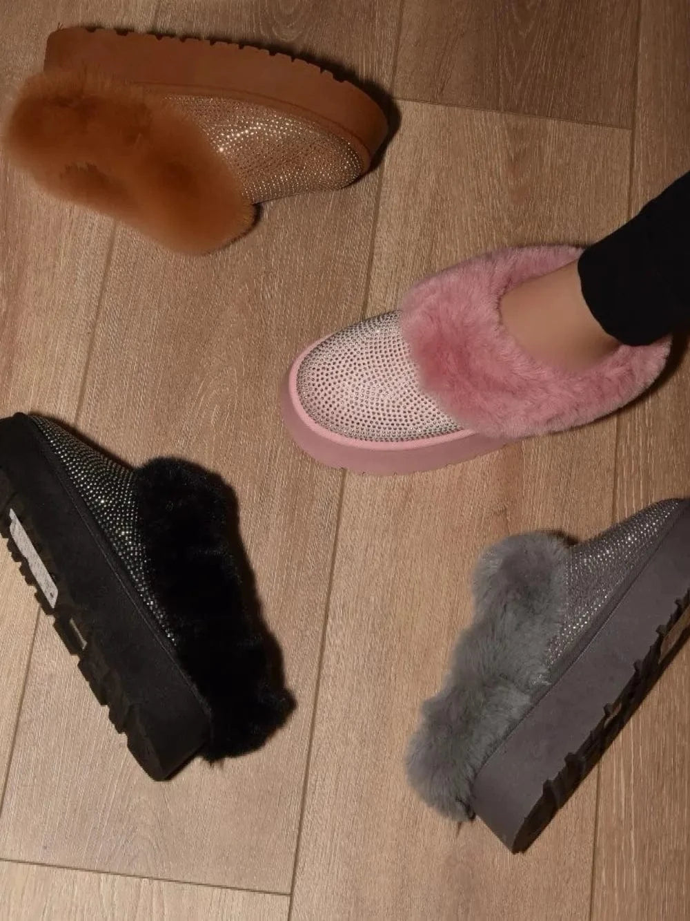 WILD DIVA Embellished Faux Fur Platform Booties - Fashorio