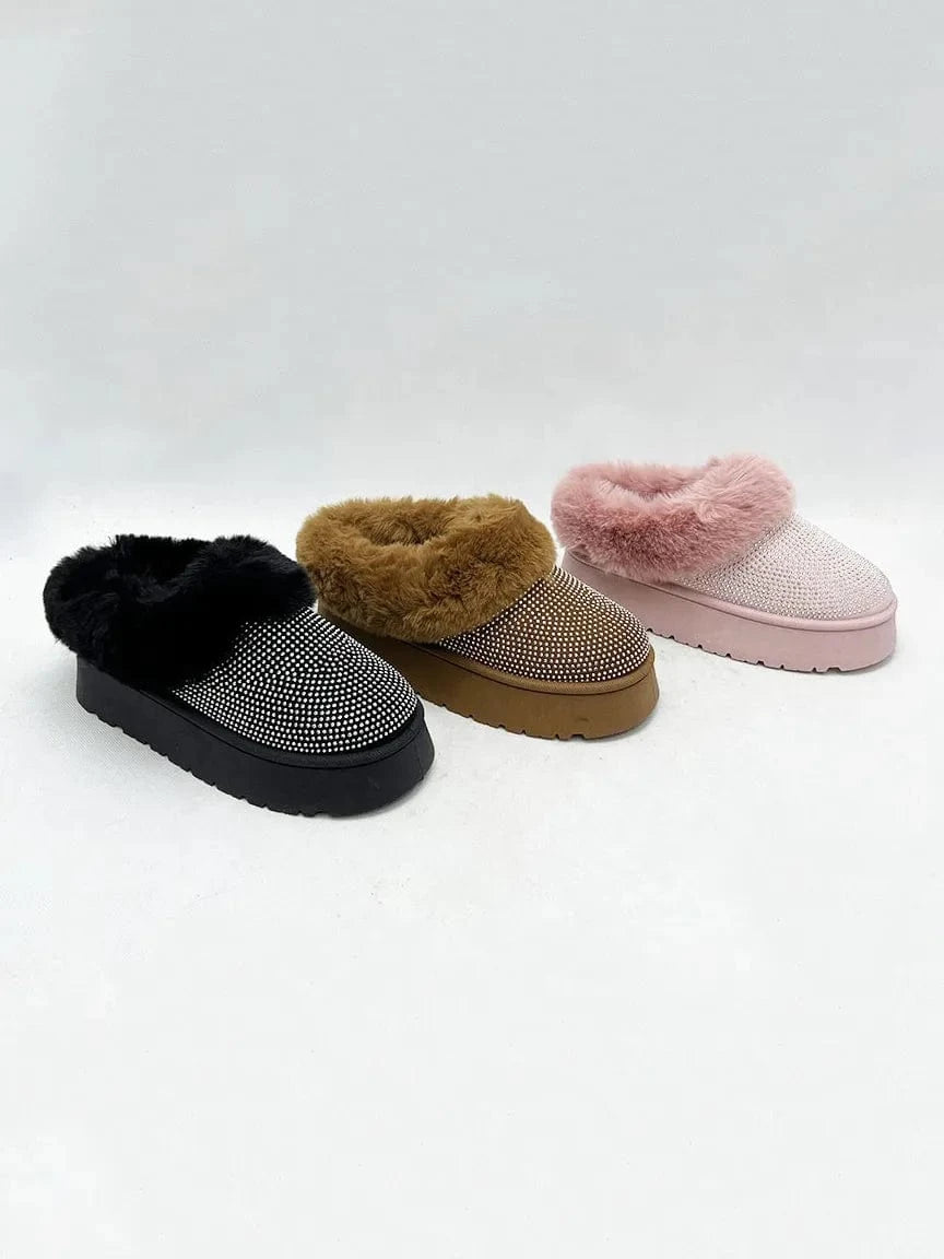 WILD DIVA Embellished Faux Fur Platform Booties - Fashorio