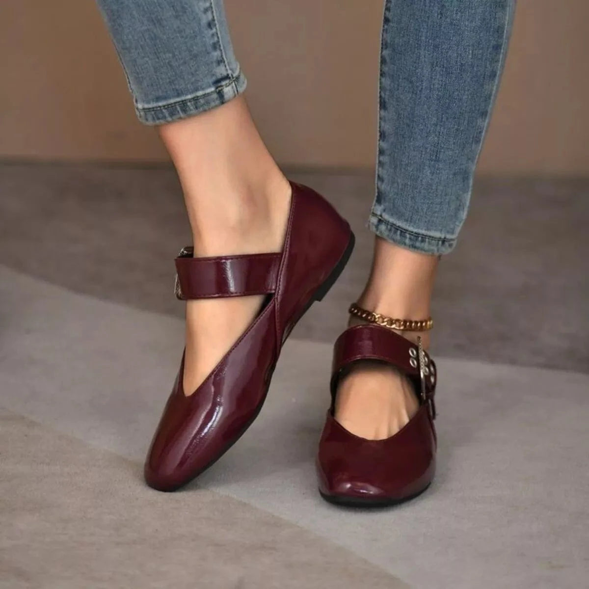 Round Toe Flats Loafers Wine Red - Fashorio