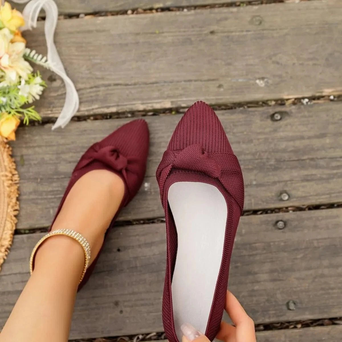 Point Toe Flats Slip-Ons Wine Red - Fashorio