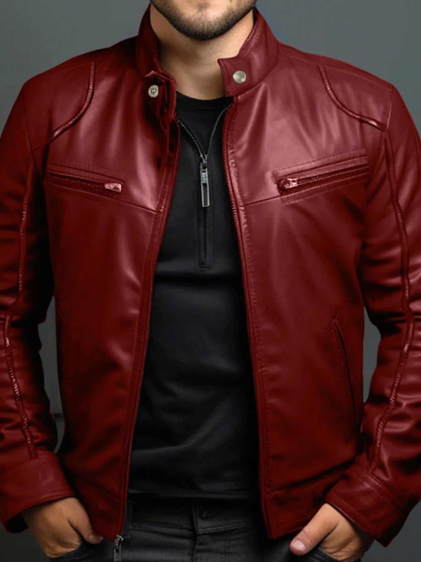 Men's Full Size Leather Motorcycle Jacket with Zipper Front Plus Size Wine Red - Fashorio