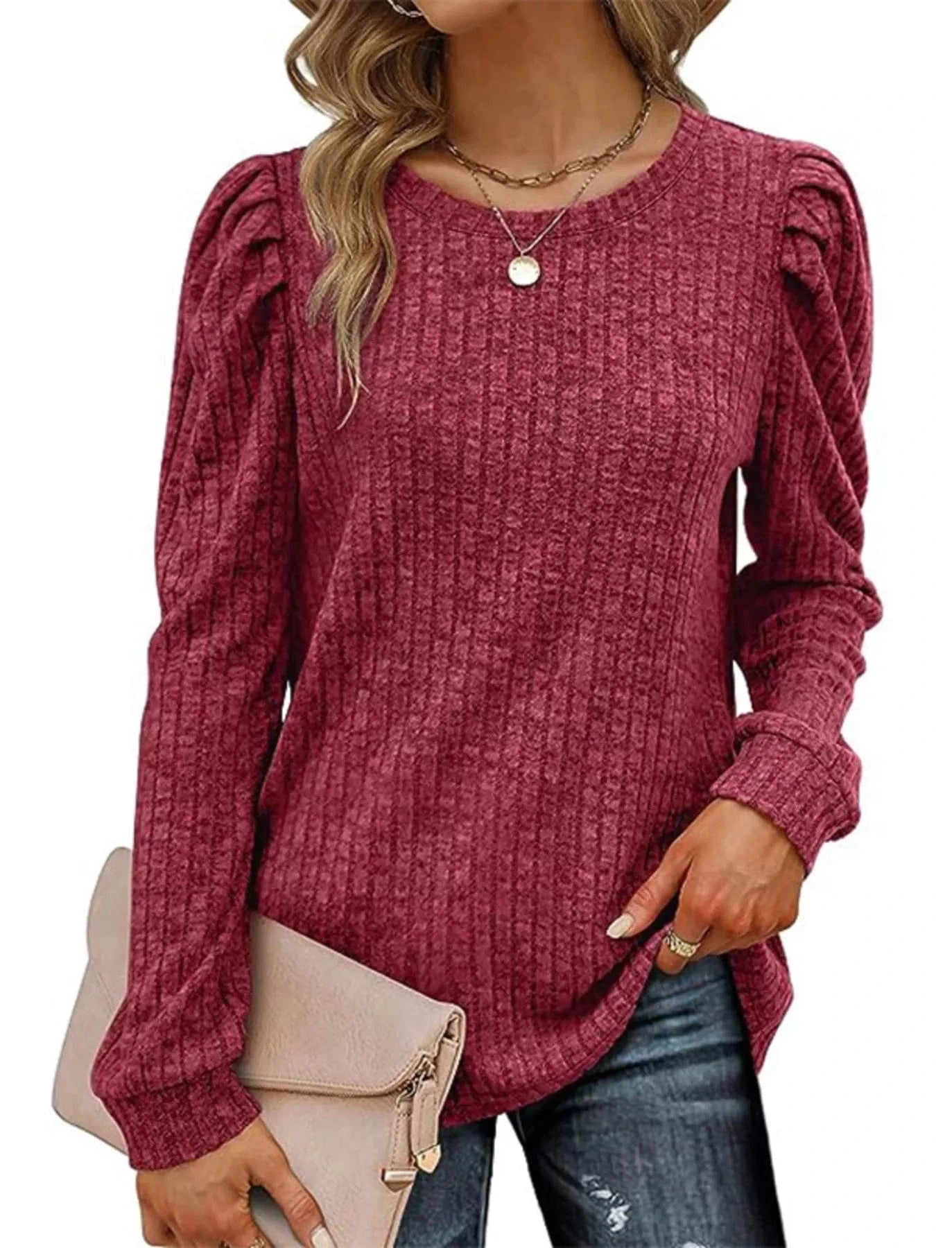 Ribbed Knit Top with Puff Sleeves Wine Red - Fashorio