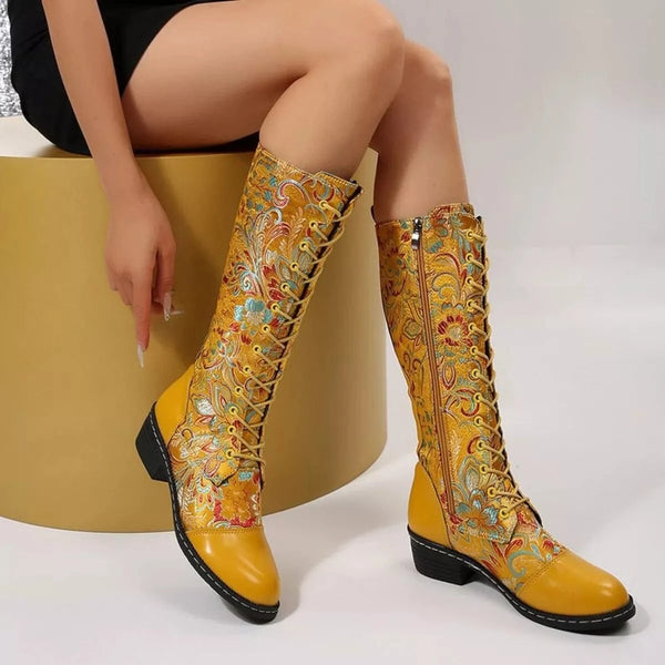 Lace Up Block Heels Boots Yellow - Fashorio