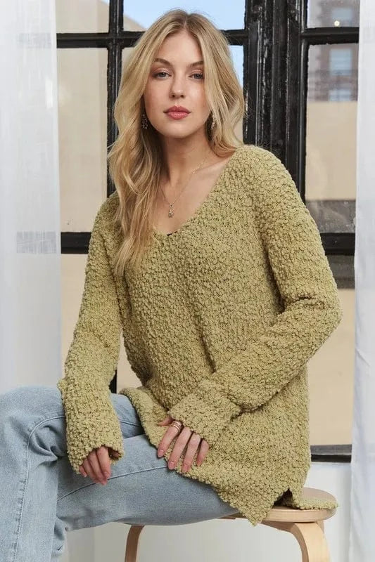ADORA High-Low Side Slit V-Neck Sweater Yellow-Green - Fashorio