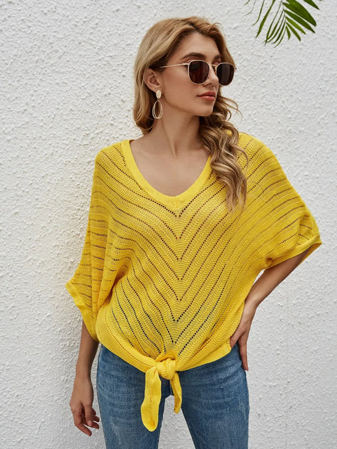 Fashorio Yellow / S Openwork Batwing Sleeve Cover-Up