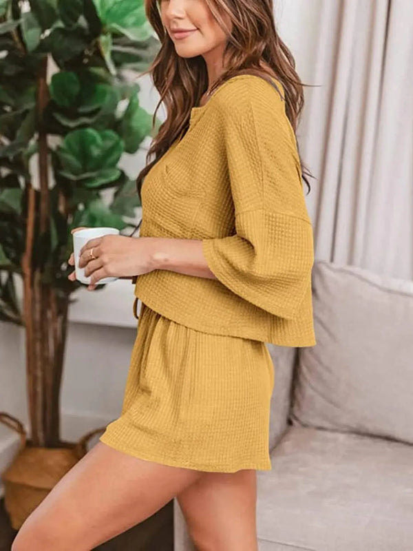 Fashorio Yellow / S Waffle Knit Top and Shorts Lounge Set