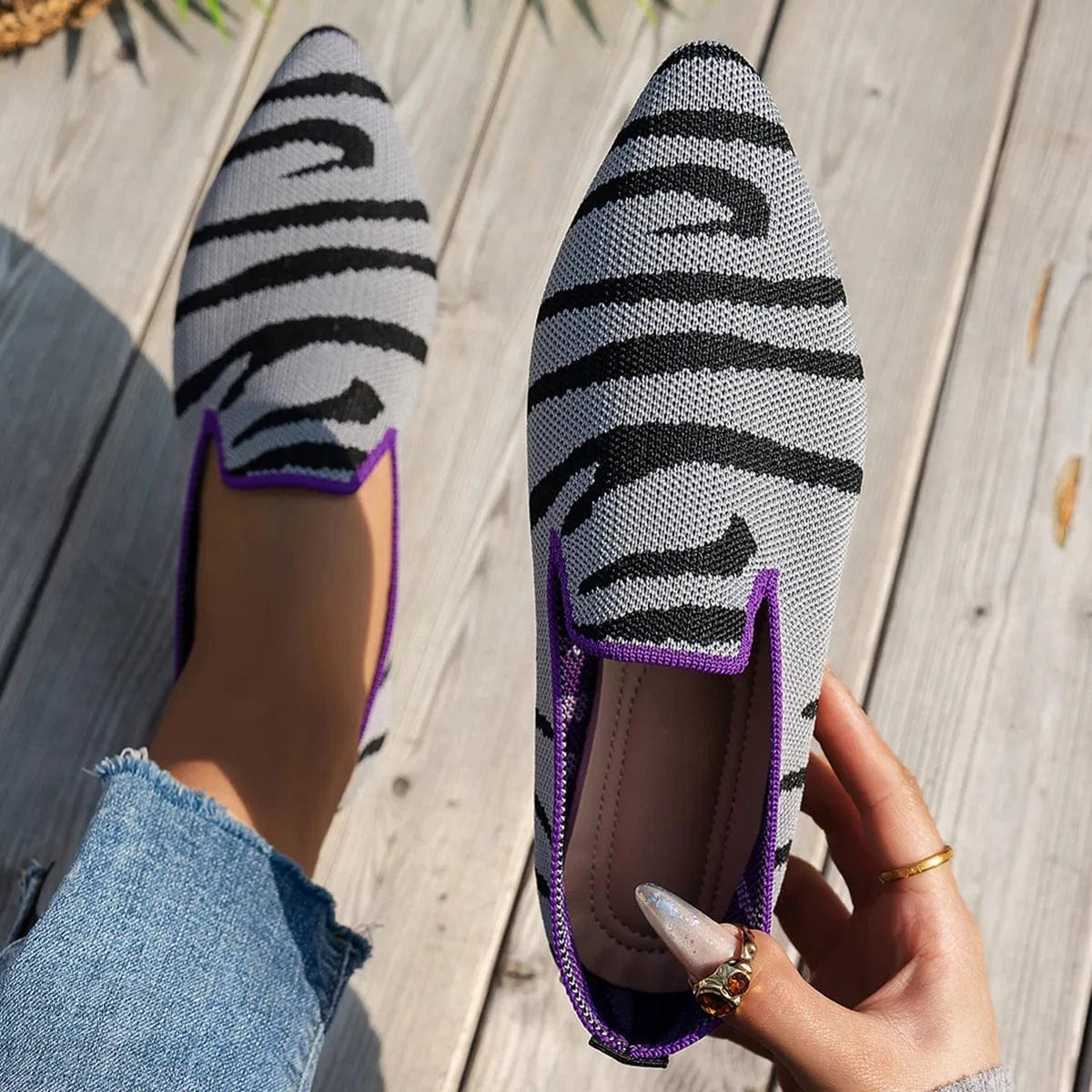 Point Toe Animal Print Knit Slip-On Loafers with Contrast Trim Zebra - Fashorio