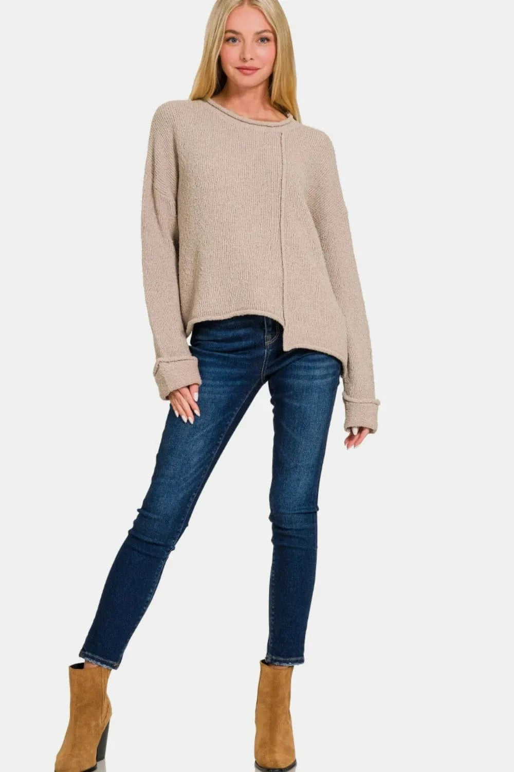 Zenana Asymmetric Hem Drop Shoulder Sweater - Fashorio