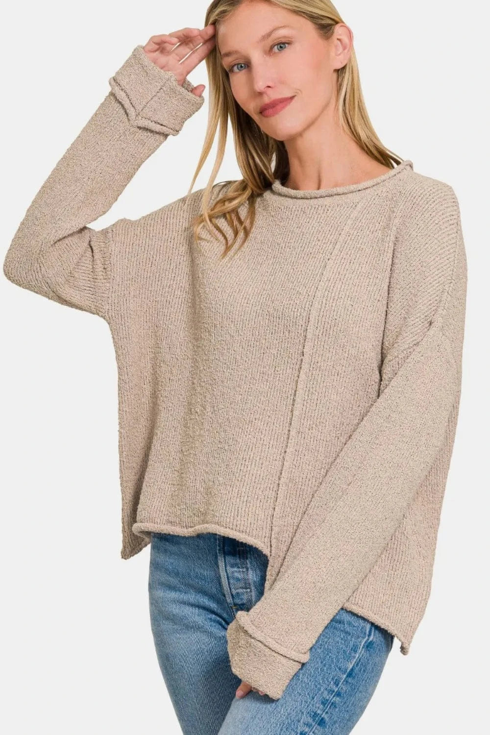 Zenana Asymmetric Hem Drop Shoulder Sweater - Fashorio
