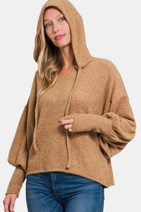 Zenana Brushed Hacci Drop Shoulder Cropped Hoodie - Fashorio