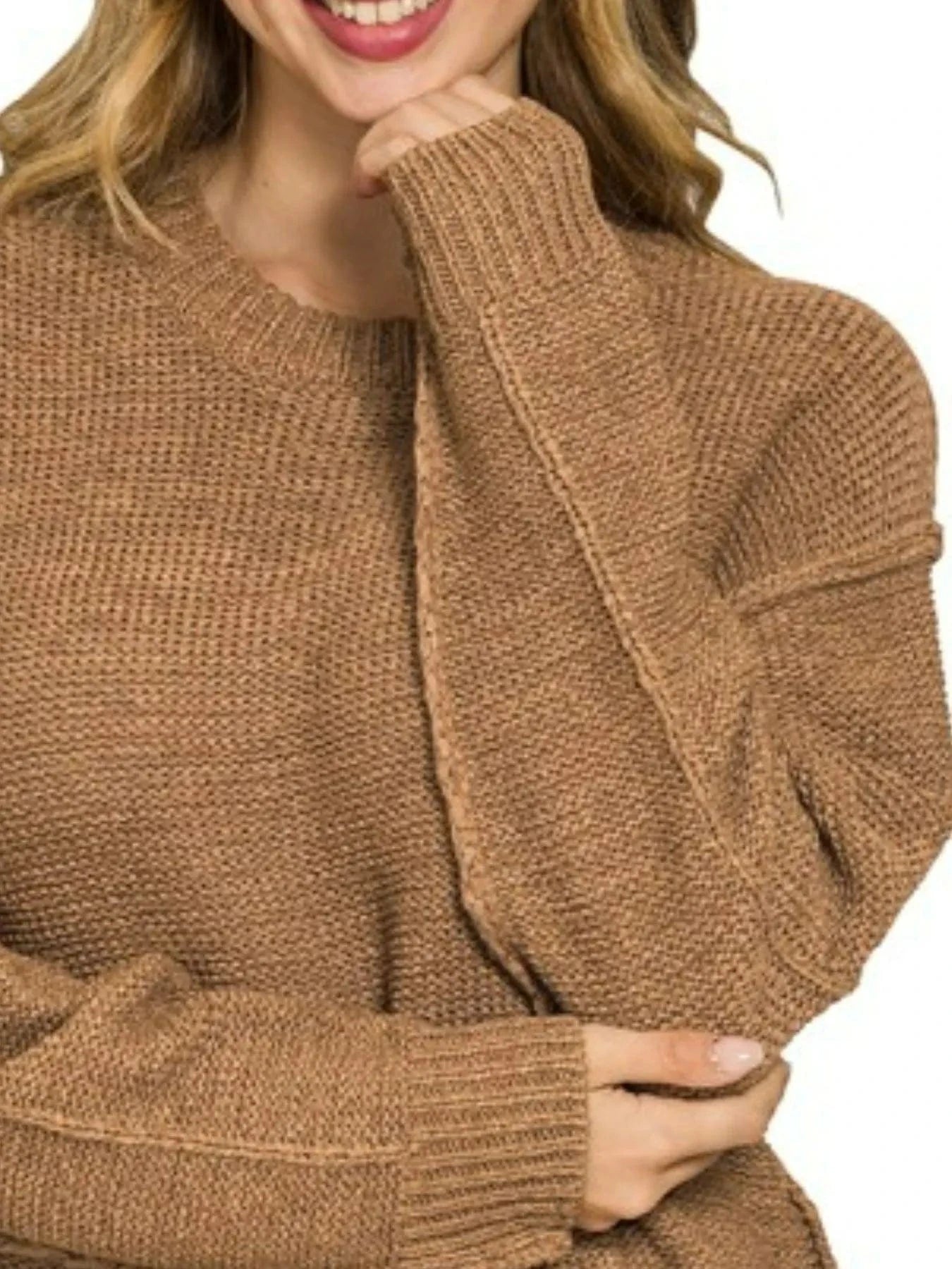 Zenana Exposed Seam Round Neck Sweater - Fashorio