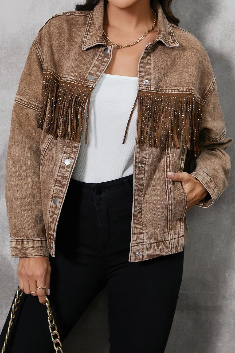 Fringe Trim Snap Down Denim Jacket - Fashorio