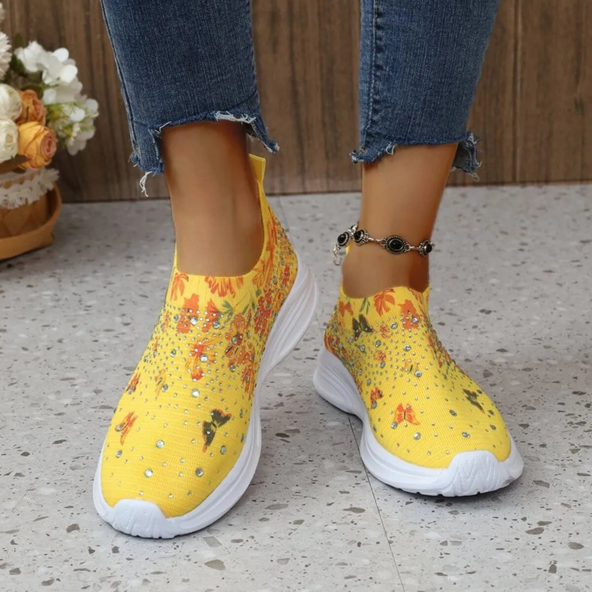 Rhinestone Floral Print Sneakers - Fashorio
