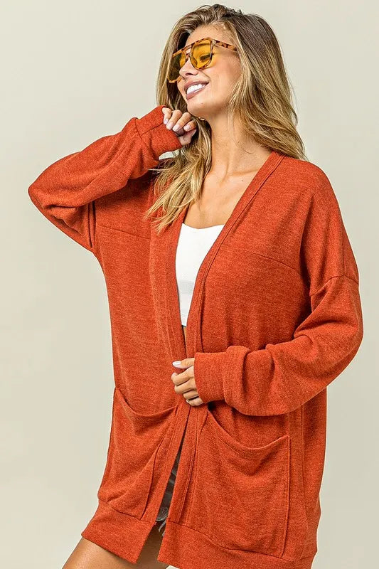 BiBi Open Front Drop Shoulder Cardigan with Pockets - Fashorio
